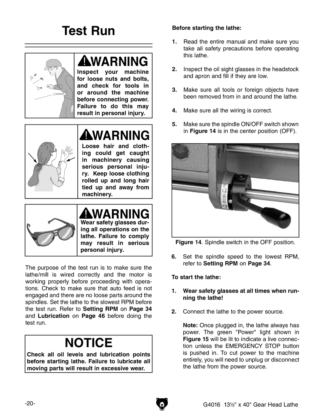 Grizzly G4016 manual 4EST 2UN, Efore Starting THEHLATHE, 4O Start THEHLATHE 