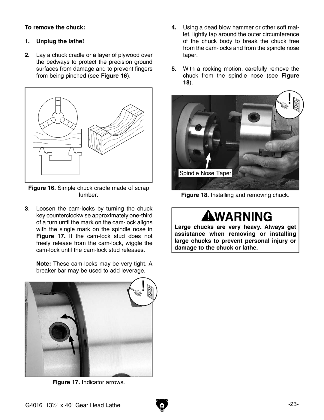 Grizzly G4016 manual 4O Remove the CHUCK, 5NPLUG THEHLATHE, Damage Toothehchuck ORRLATHE 