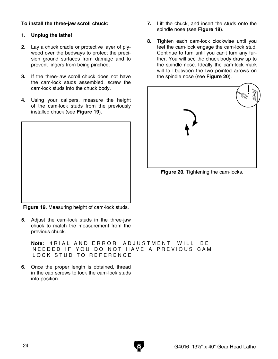 Grizzly G4016 manual 4O Installtthehthreejawescroll CHUCK  5NPLUG THEHLATHE 