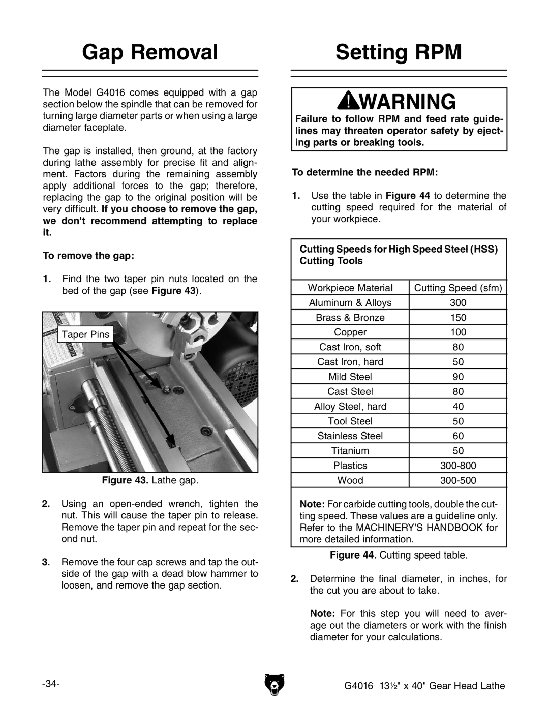 Grizzly G4016 manual APA2EMOVAL 3ETTING, WE DONgT Recommendm Attempting TOO Replacee IT, 4O Remove the GAP 