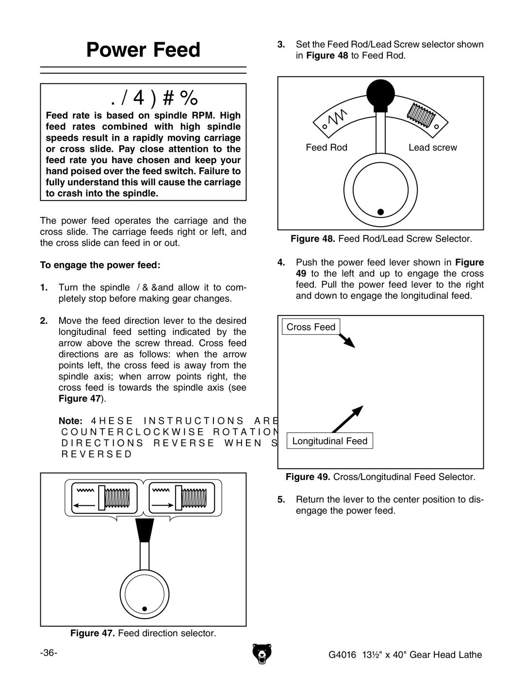 Grizzly G4016 manual 0OWER &EED, 4O Engage the Power FEED 