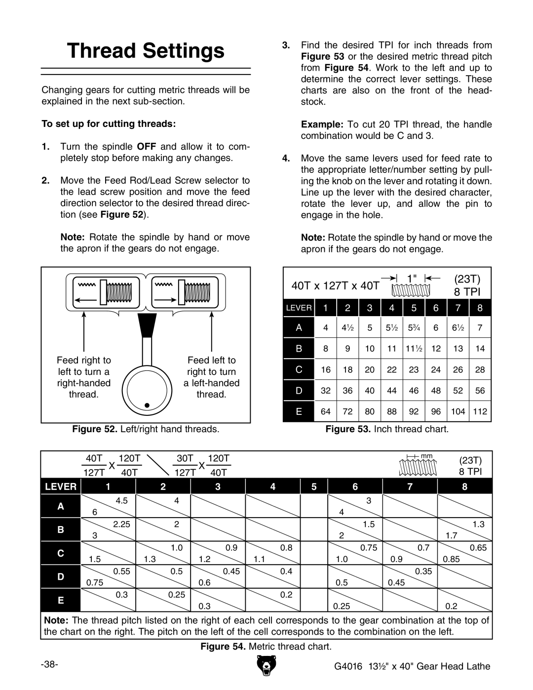 Grizzly G4016 manual 4HREAD 3ETTINGS, 4O SET UP FORRCUTTINGNTHREADS 