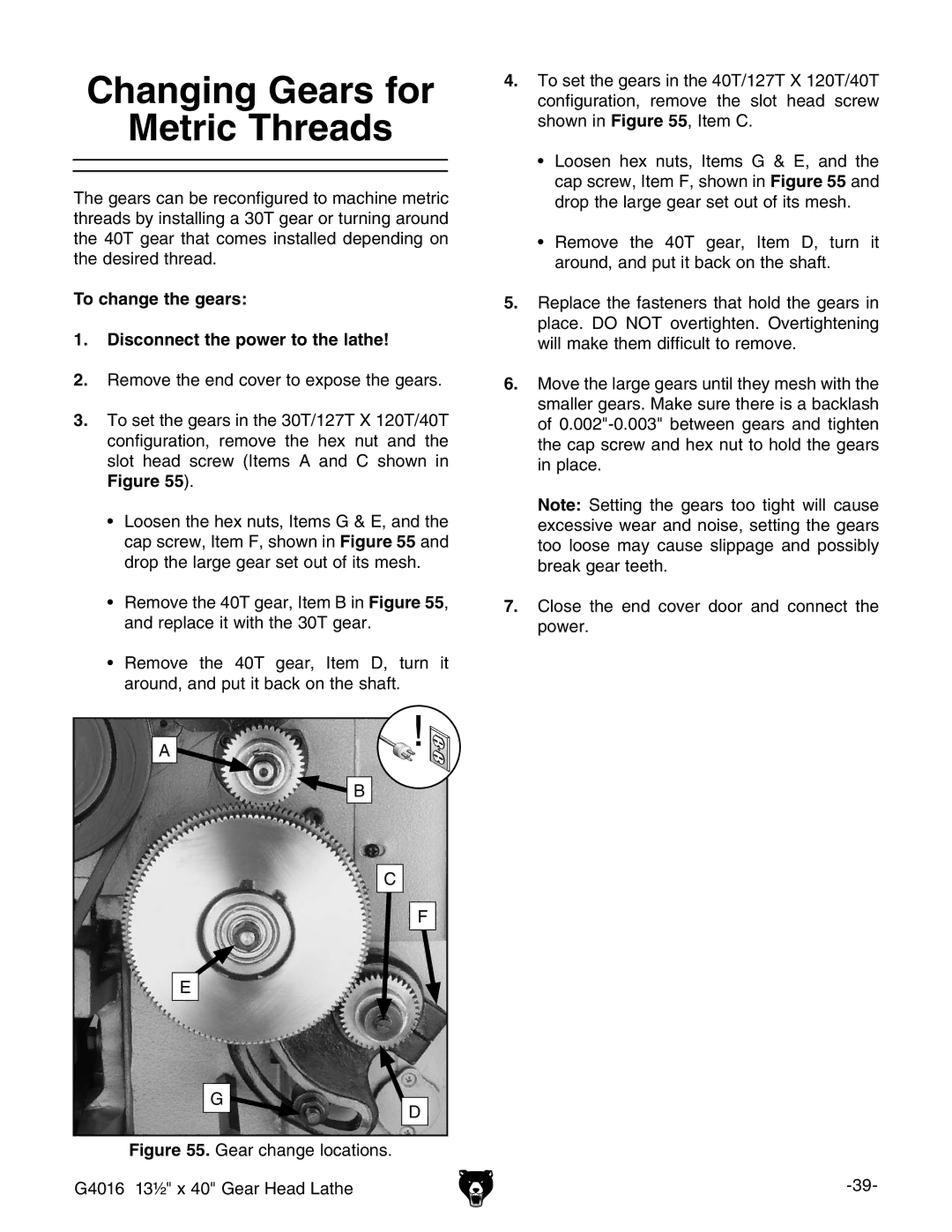 Grizzly G4016 manual IZYZhgZYigZVY#, 4O Change the GEARS, Igure  #, ™ AddhZciZZmcjih!iZbh!VcYiZ 