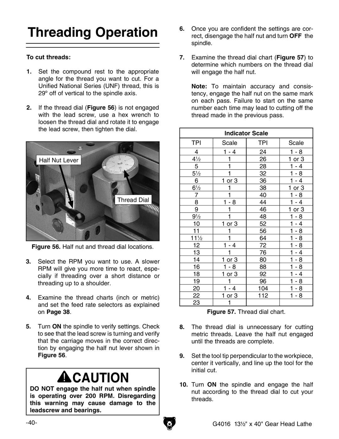 Grizzly G4016 manual 4HREADING /PERATION, 4O CUT THREADS, NDICATORC3CALE 