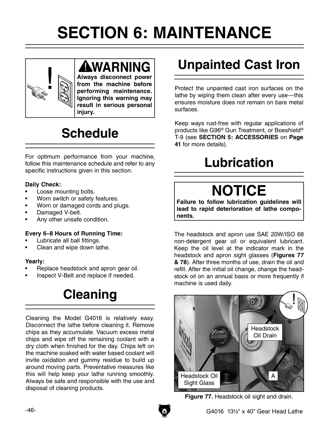 Grizzly G4016 manual #4/. -!.4%.!.#%, 3CHEDULE, #Leaning, 5NPAINTED #AST RON, Ubrication 