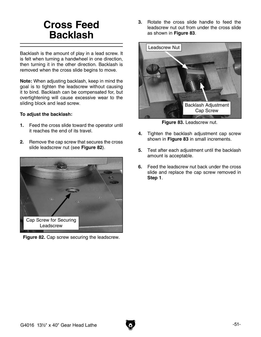 Grizzly G4016 manual #ROSSS&EED Acklash, 4O ADJUSTUTHEHBACKLASH 