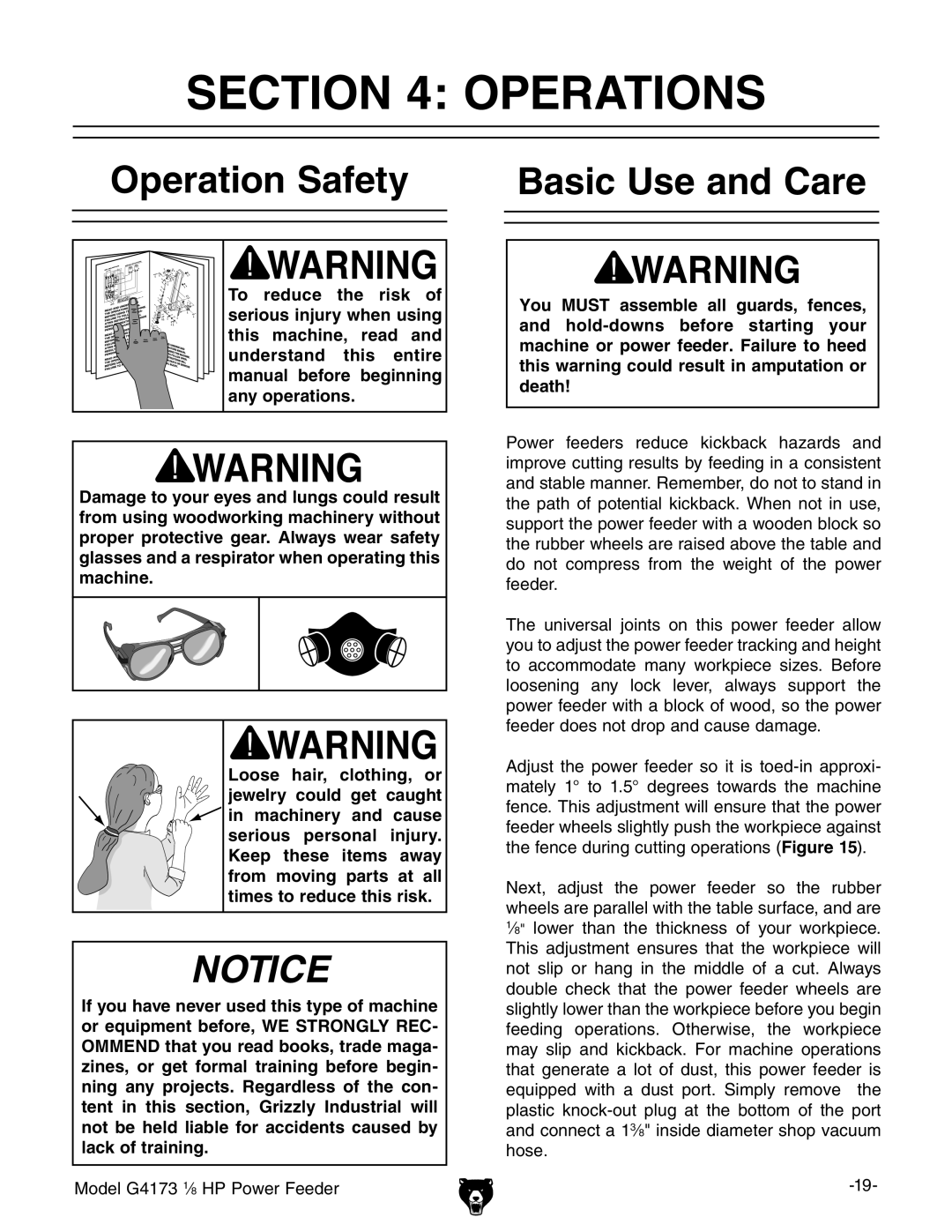 Grizzly G4173 1 8 HP owner manual Operations, Operation Safety Basic Use and Care 