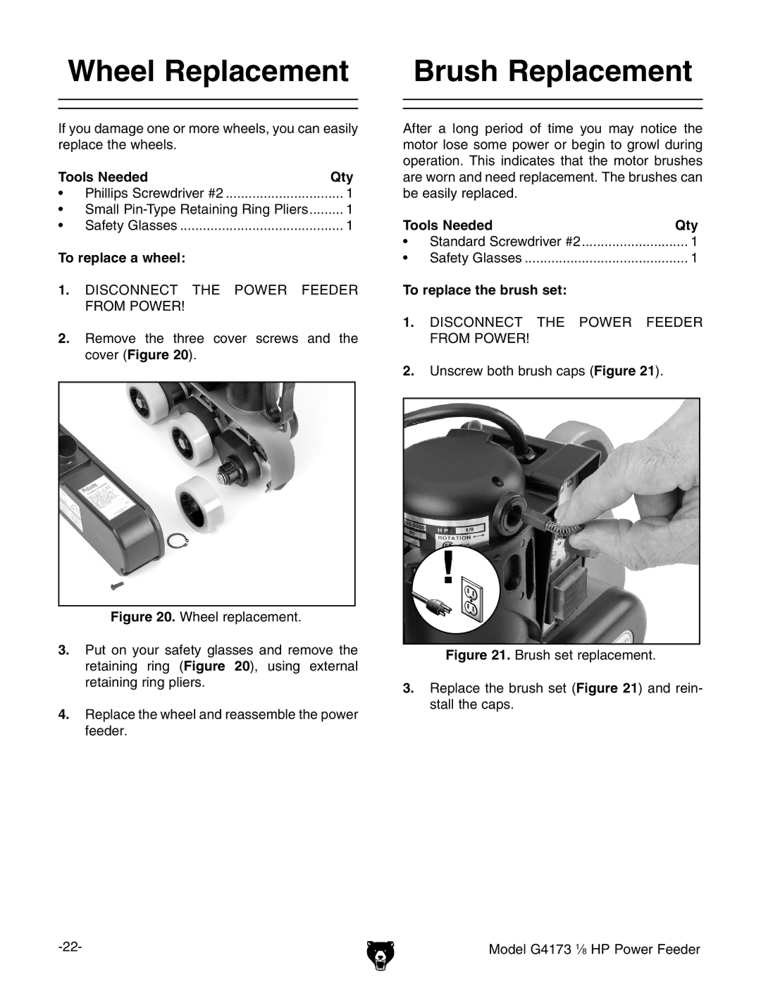 Grizzly G4173 1 8 HP Wheel Replacement, Brush Replacement, Tools Needed Qty, To replace a wheel, To replace the brush set 