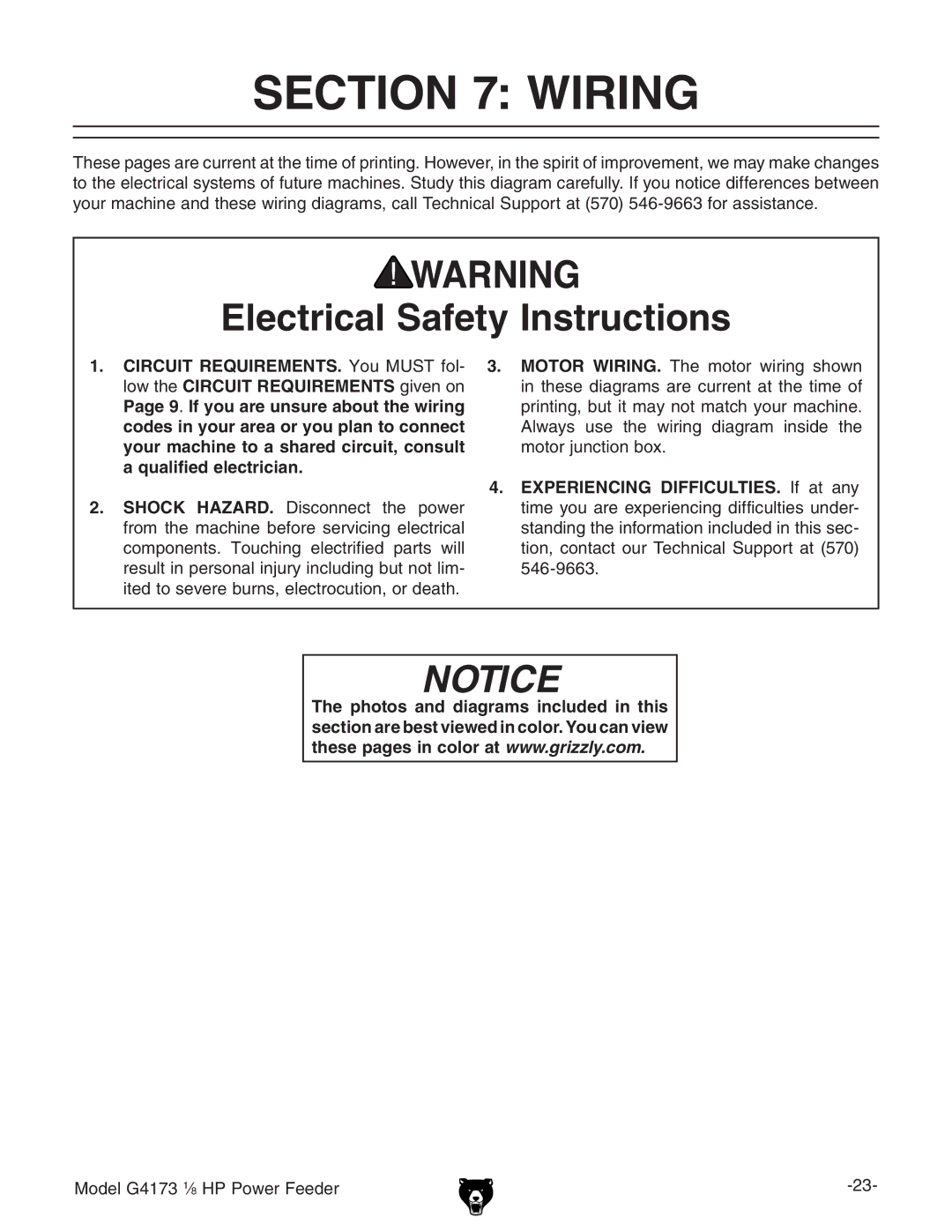 Grizzly G4173 1 8 HP owner manual Wiring, Electrical Safety Instructions 