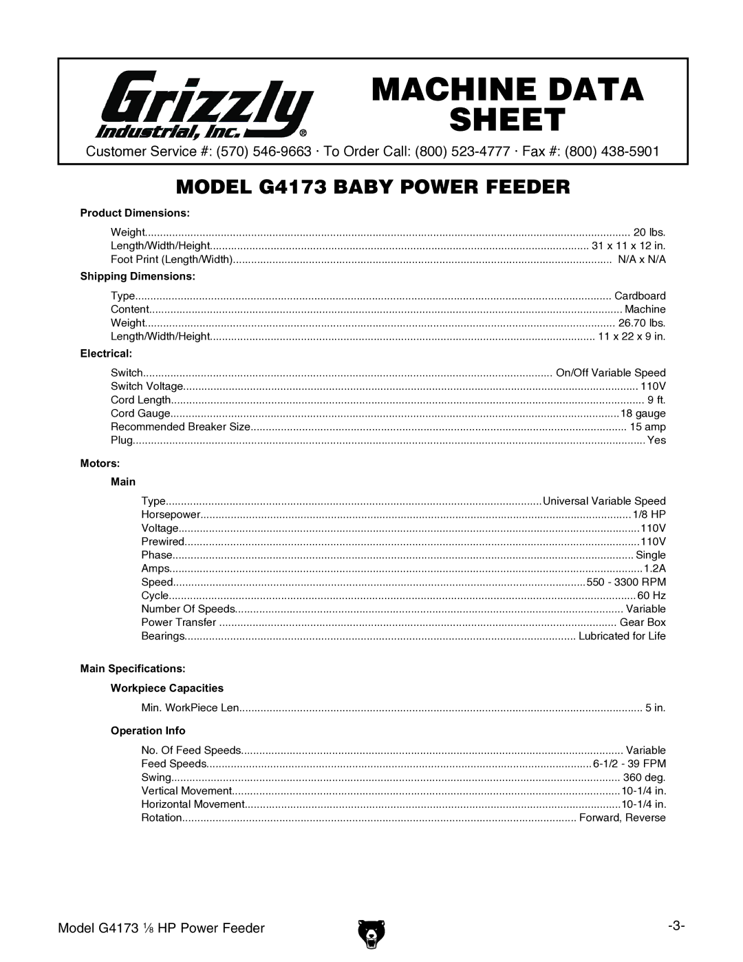 Grizzly G4173 1 8 HP owner manual Machine Data Sheet 