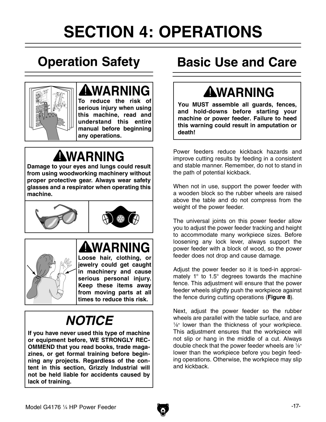 Grizzly G4176 owner manual Operations, Operation Safety Basic Use and Care 