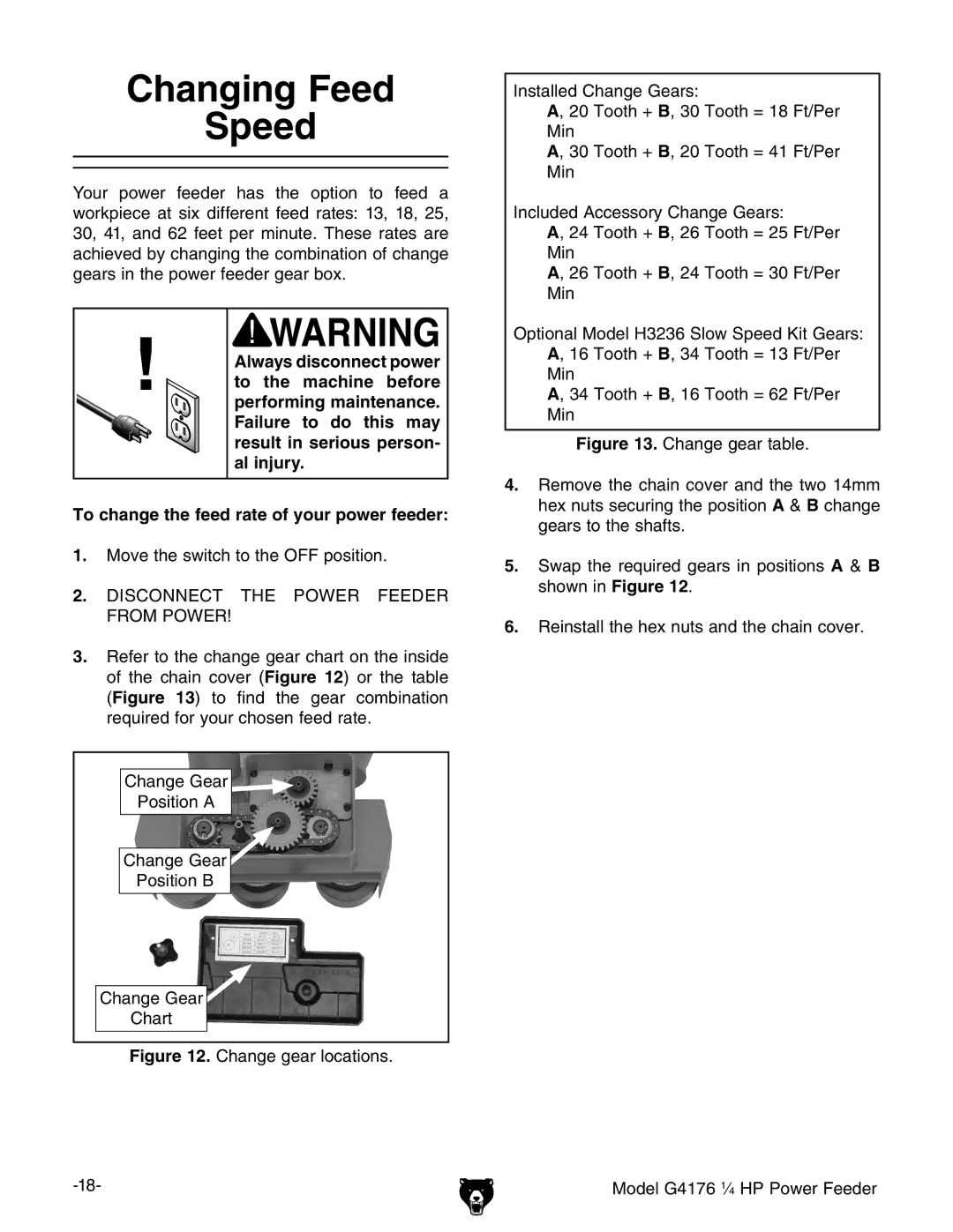 Grizzly G4176 owner manual Changing Feed Speed, Disconnect the Power Feeder from Power 