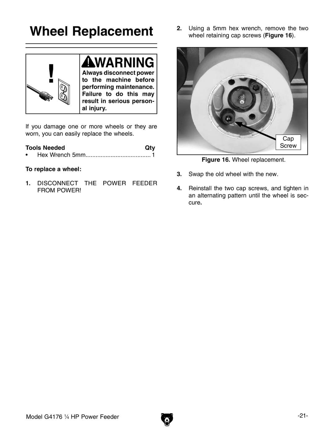 Grizzly G4176 owner manual Wheel Replacement, Tools Needed Qty, To replace a wheel 