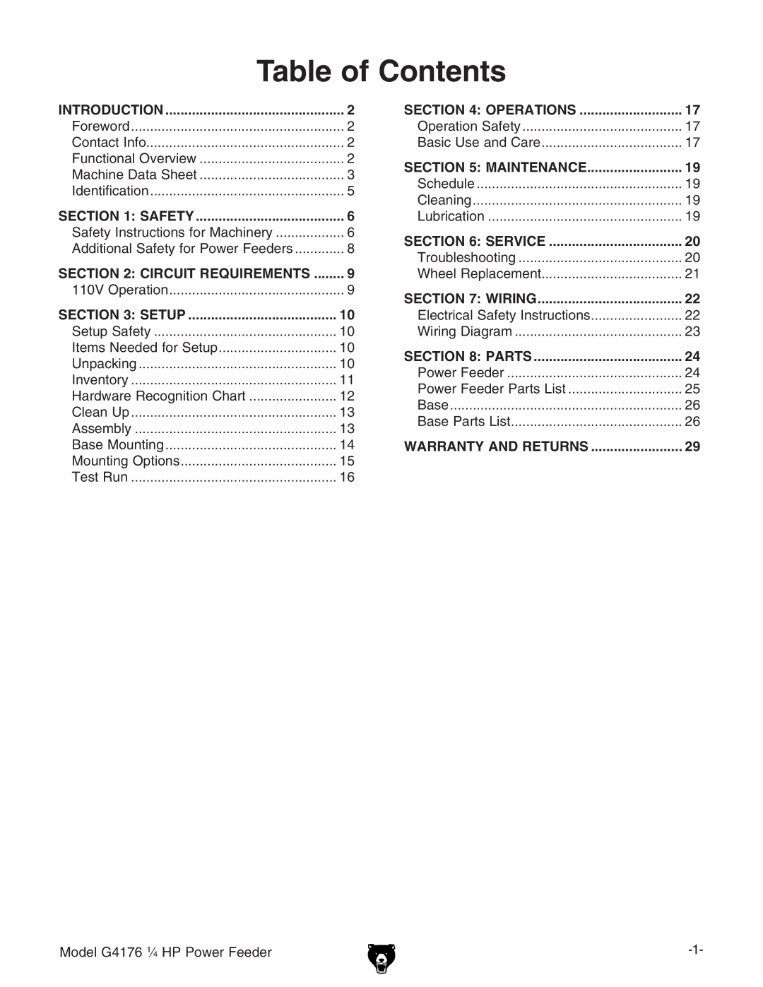 Grizzly G4176 owner manual Table of Contents 