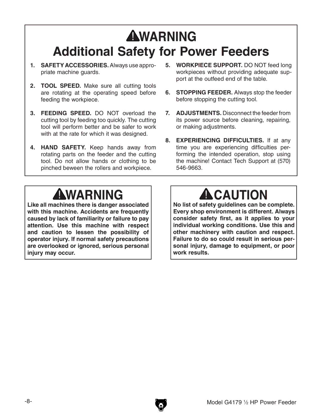 Grizzly G4179 owner manual Additional Safety for Power Feeders 