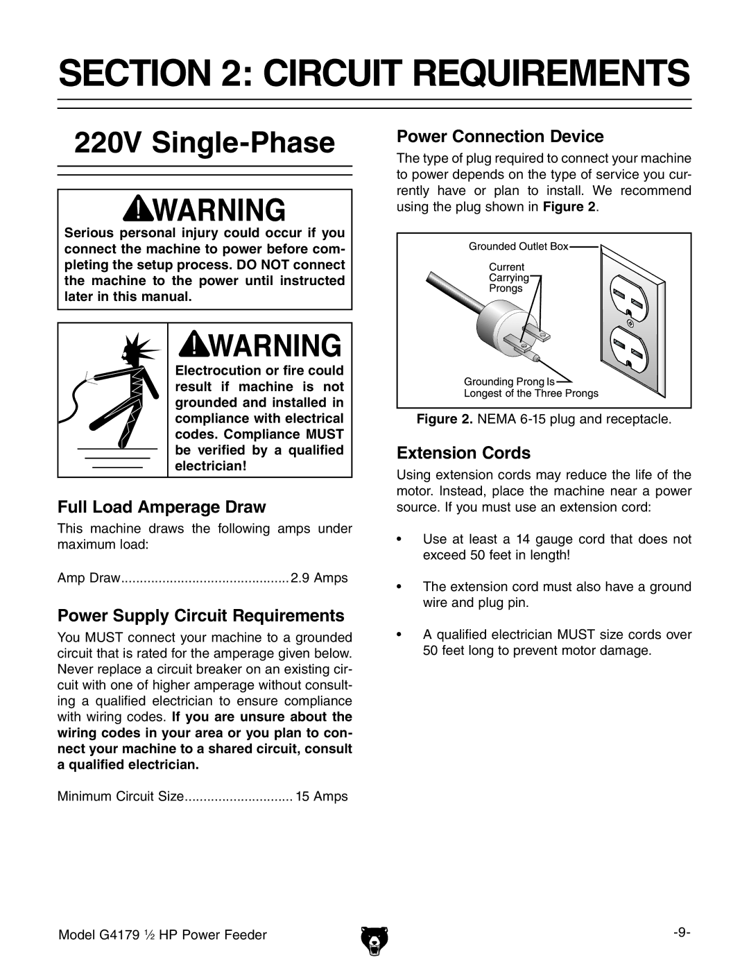 Grizzly G4179 owner manual Circuit Requirements, 220V Single-Phase 