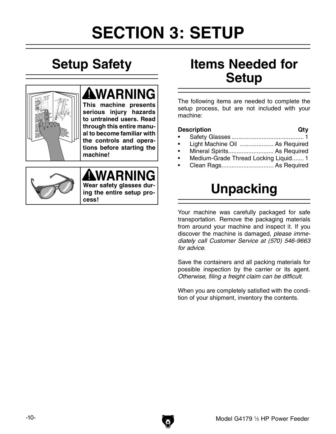 Grizzly G4179 owner manual Setup Safety, Items Needed for Setup, Unpacking, Description Qty 