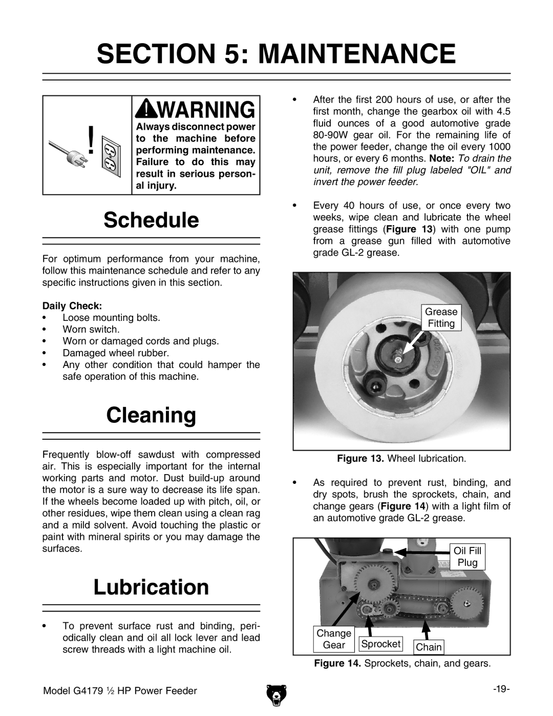 Grizzly G4179 owner manual Maintenance, Schedule, Cleaning, Lubrication, Daily Check 