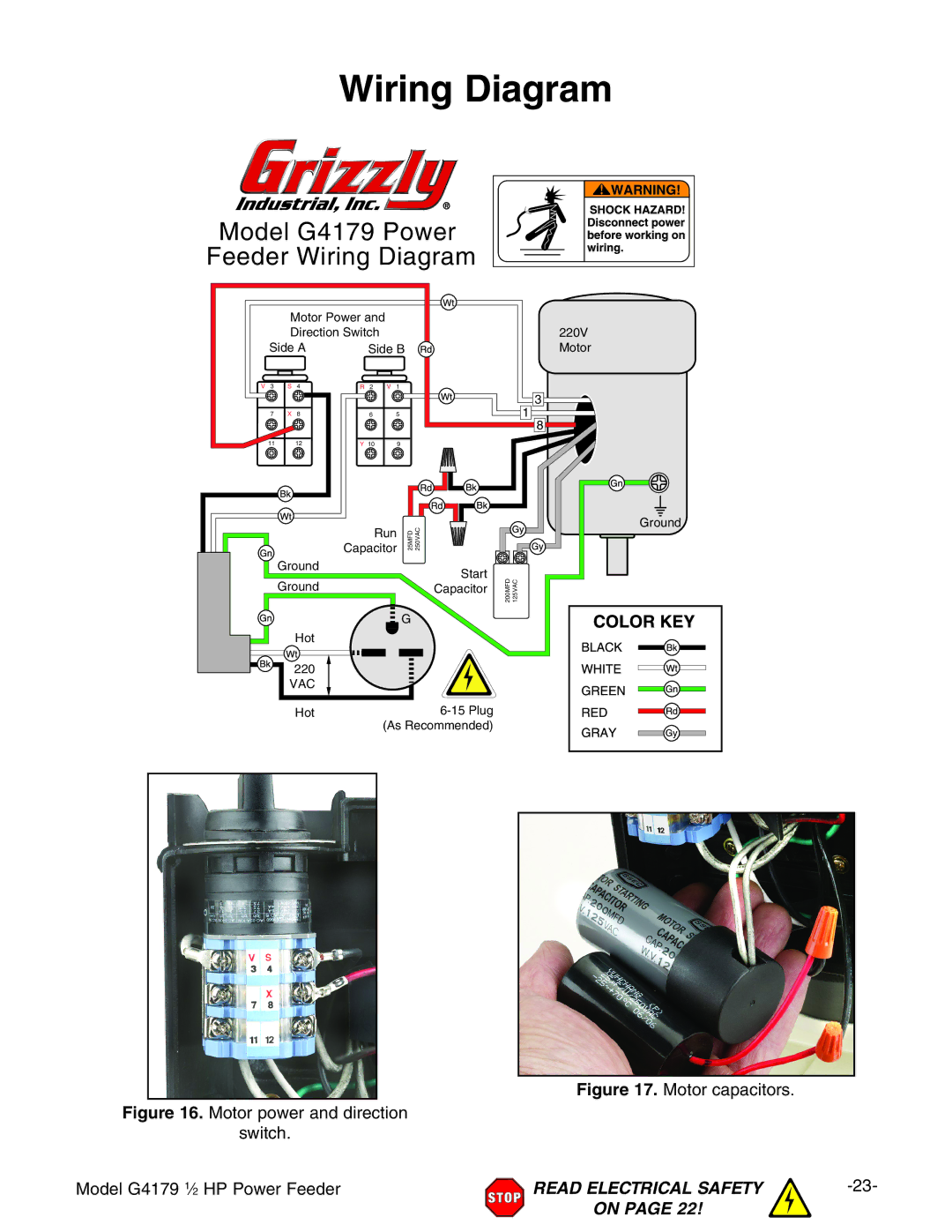 Grizzly G4179 owner manual Wiring Diagram, Motor capacitors 