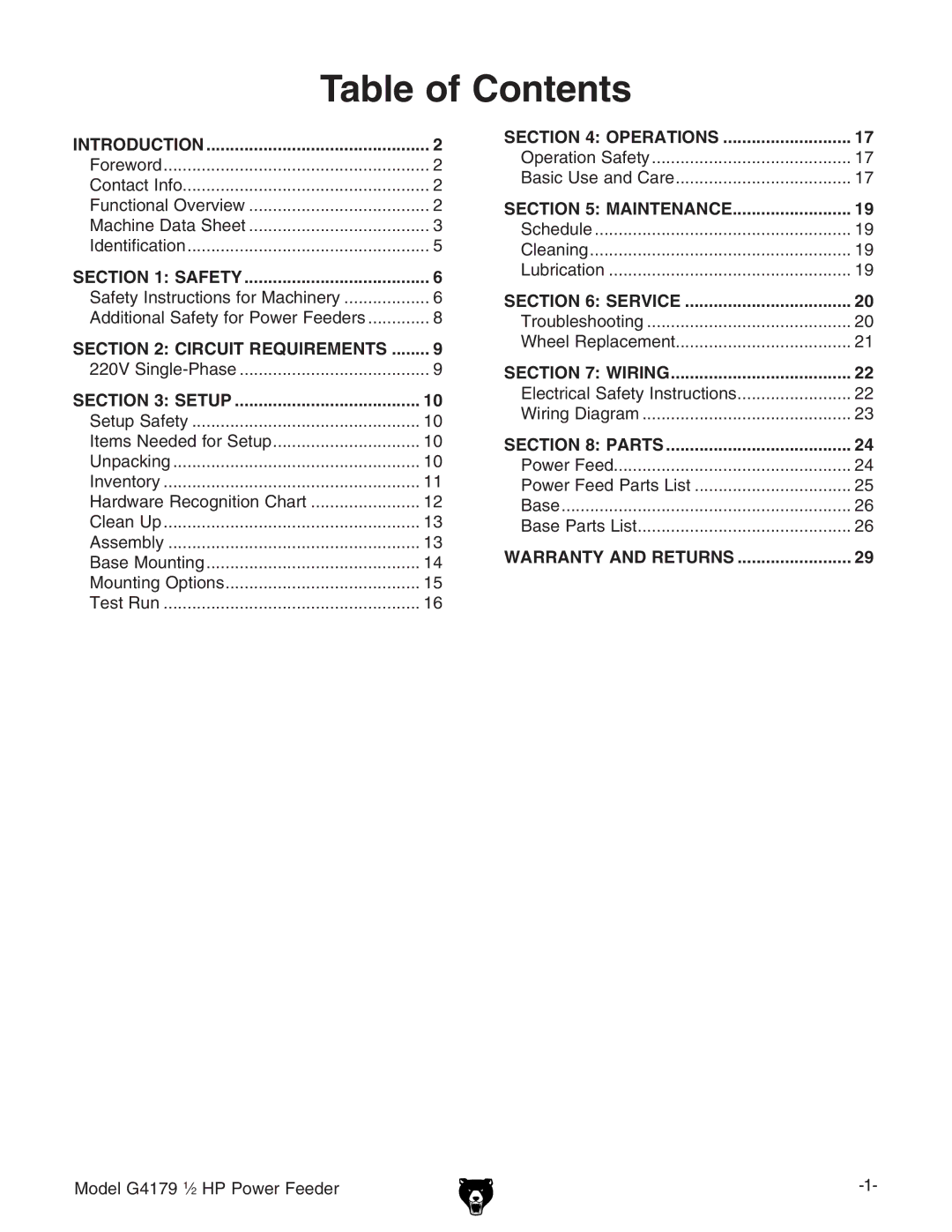 Grizzly G4179 owner manual Table of Contents 