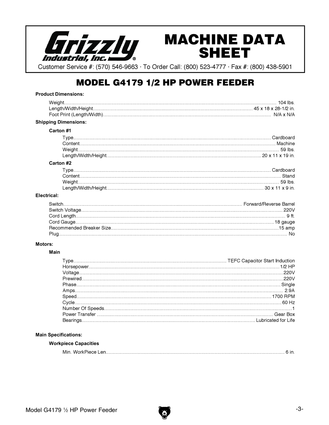 Grizzly G4179 owner manual Machine Data Sheet 