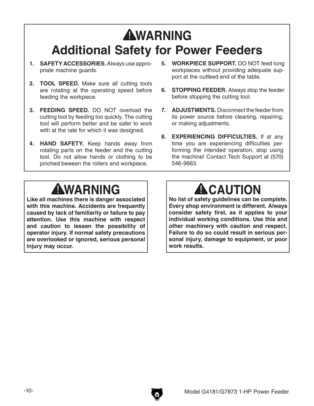 Grizzly G4181, G7873 owner manual Additional Safety for Power Feeders 