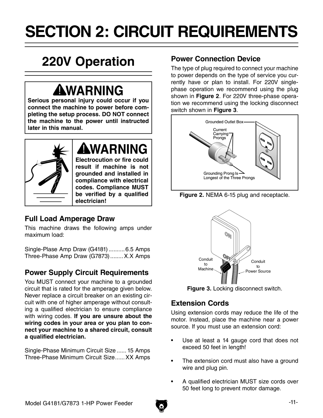 Grizzly G7873, G4181 owner manual Circuit Requirements, 220V Operation 