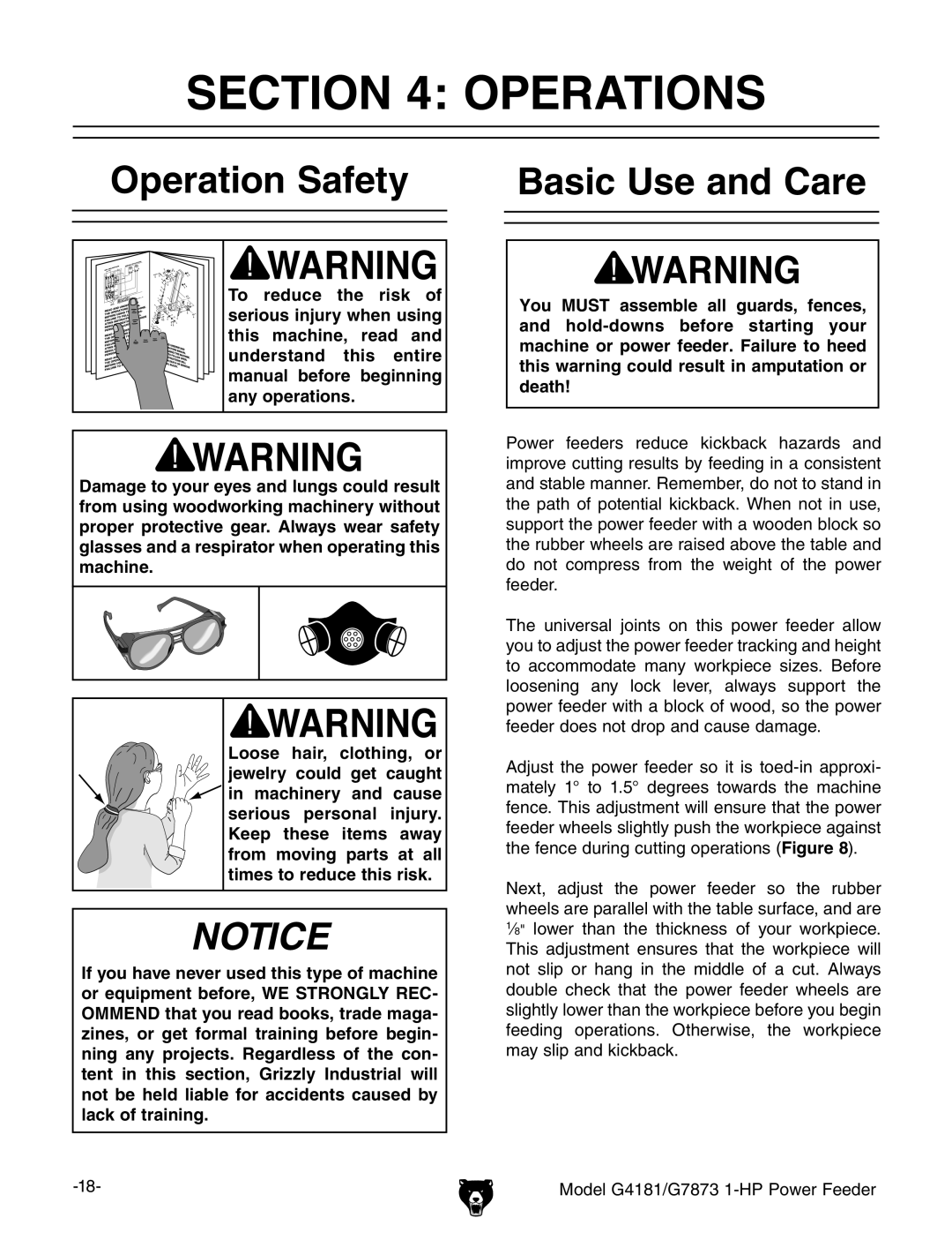 Grizzly G4181, G7873 owner manual Operations, Operation Safety Basic Use and Care 