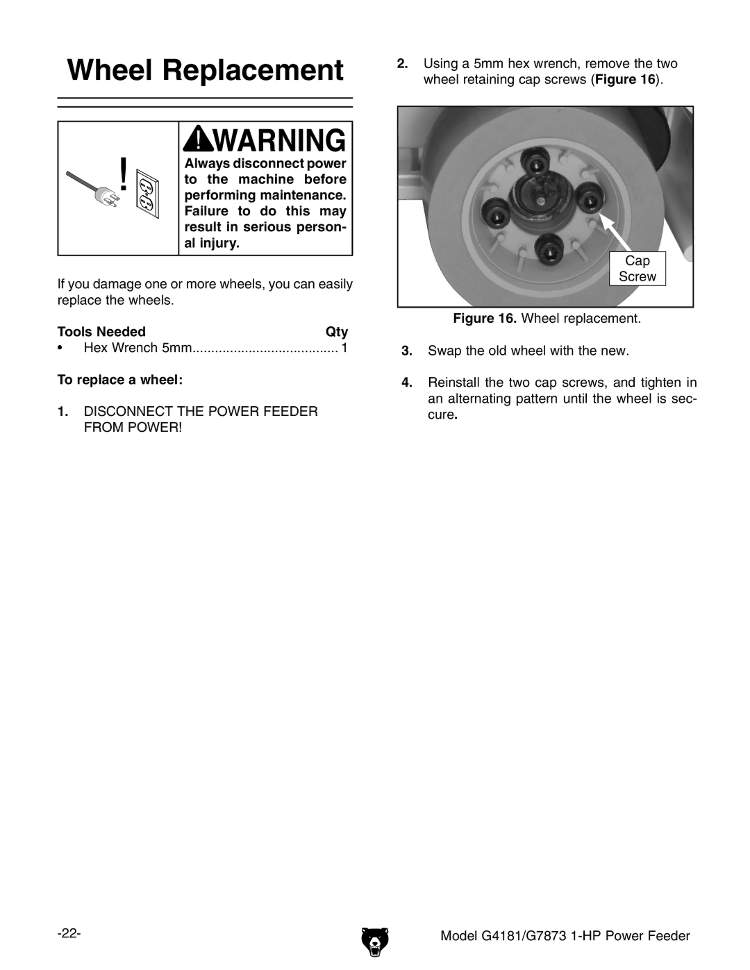 Grizzly G4181, G7873 owner manual Wheel Replacement, Tools Needed Qty, To replace a wheel 