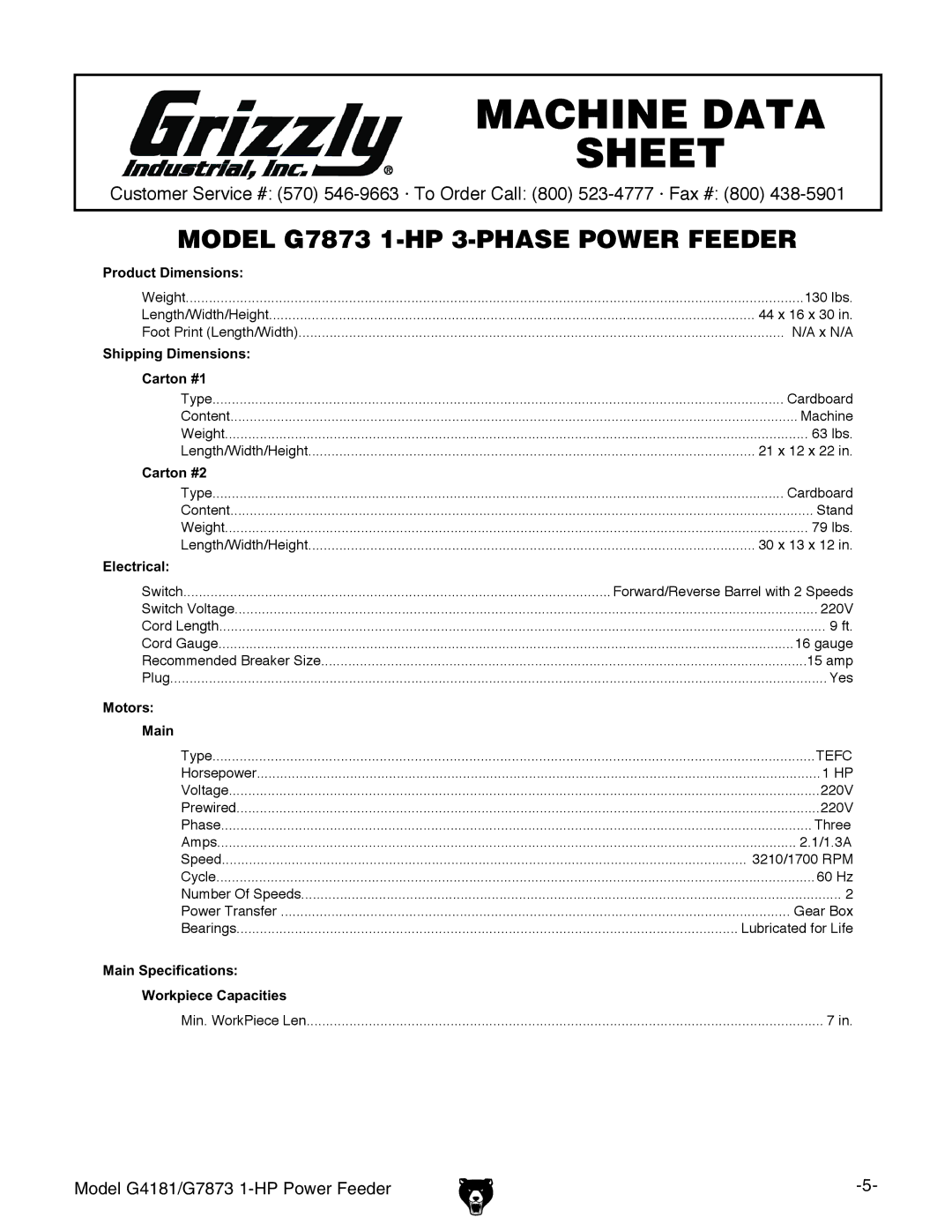 Grizzly G7873, G4181 owner manual Machine Data 