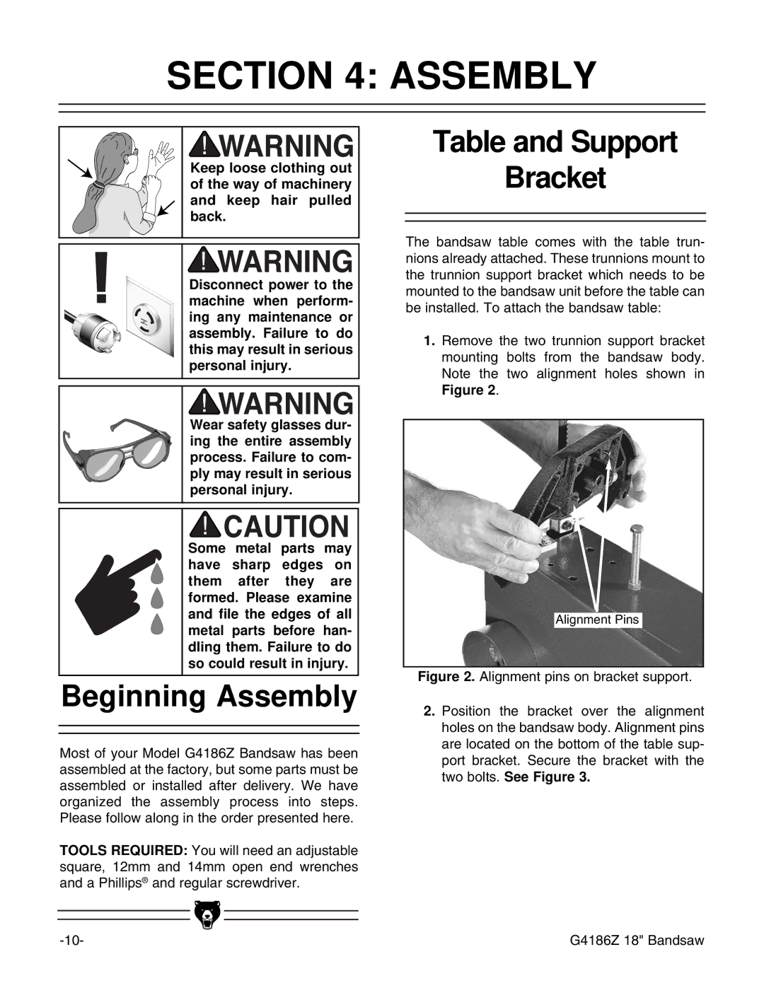 Grizzly G4186Z instruction manual Beginning Assembly, Table and Support Bracket 