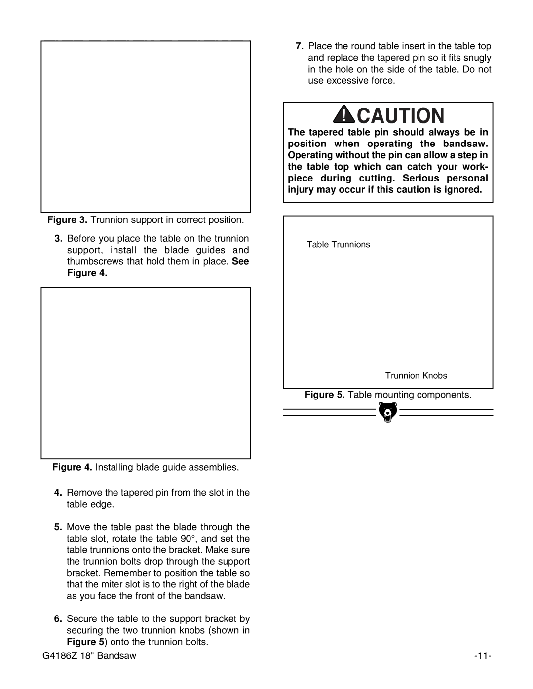 Grizzly G4186Z instruction manual Table mounting components 