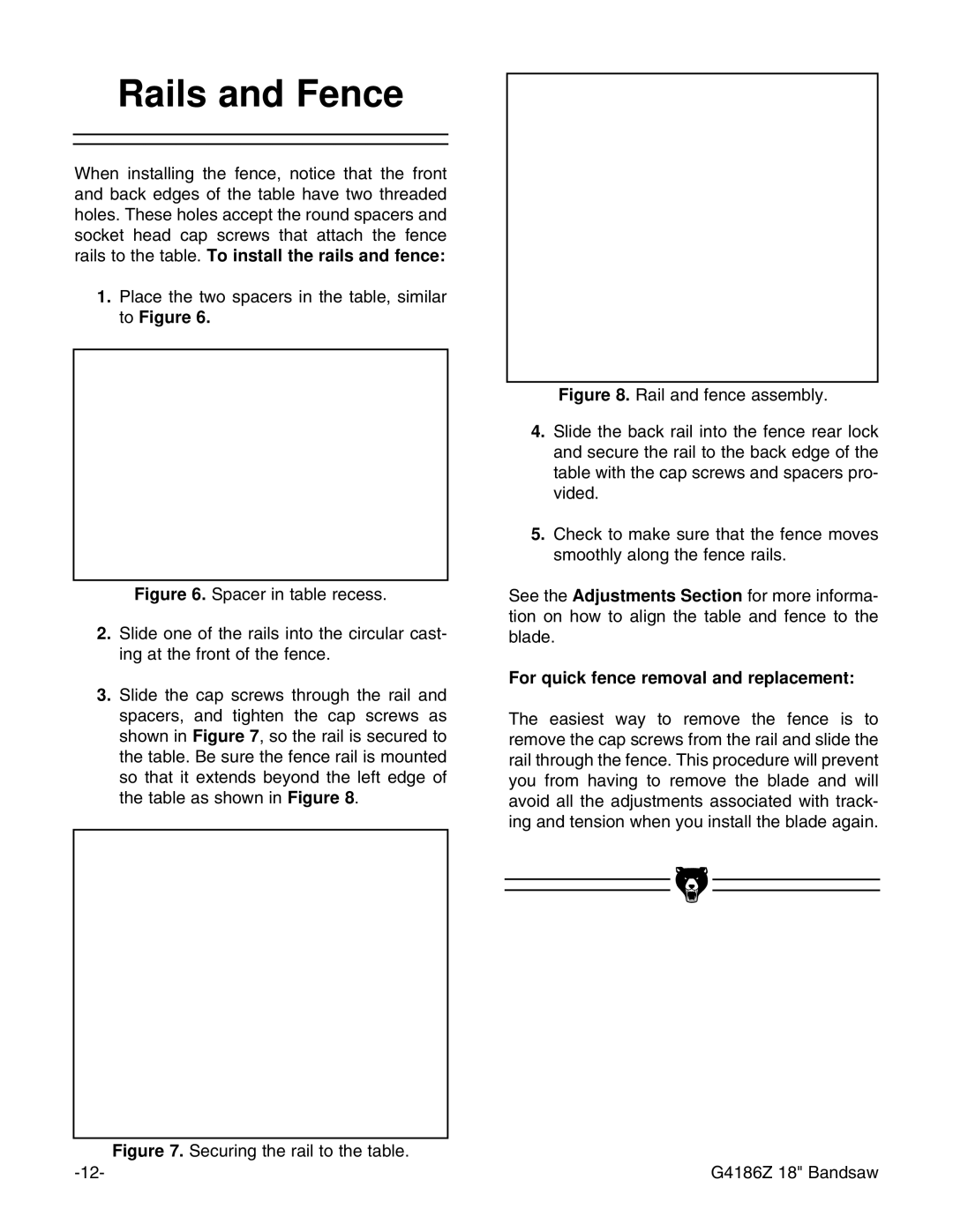 Grizzly G4186Z instruction manual Rails and Fence, For quick fence removal and replacement 