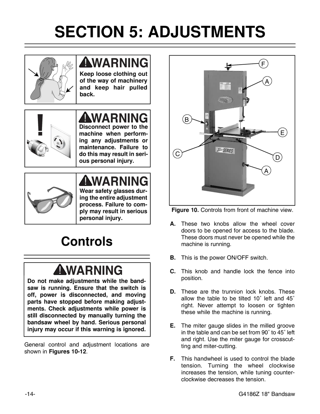 Grizzly G4186Z instruction manual Adjustments, Controls 