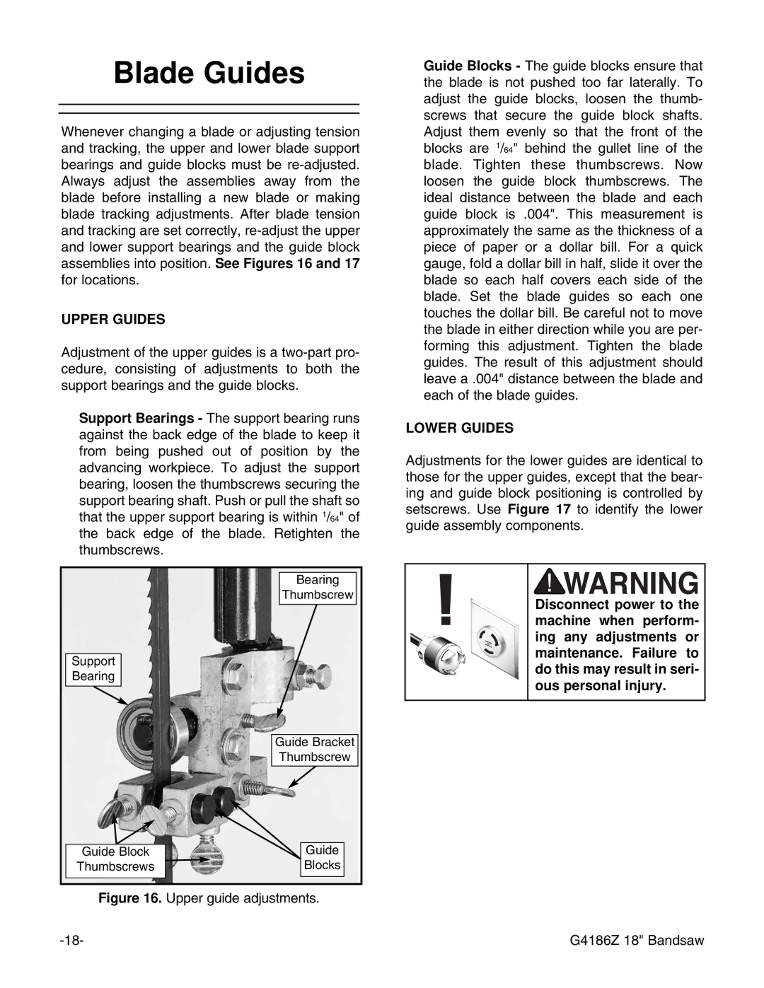 Grizzly G4186Z instruction manual Blade Guides, Upper Guides 