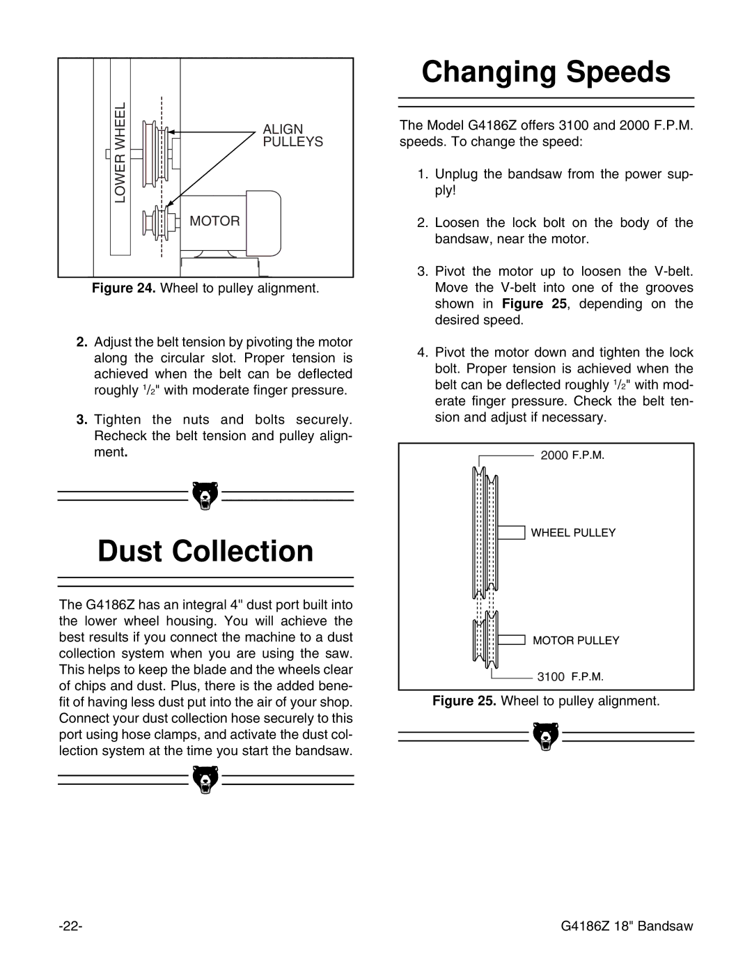 Grizzly G4186Z instruction manual Dust Collection, Changing Speeds 