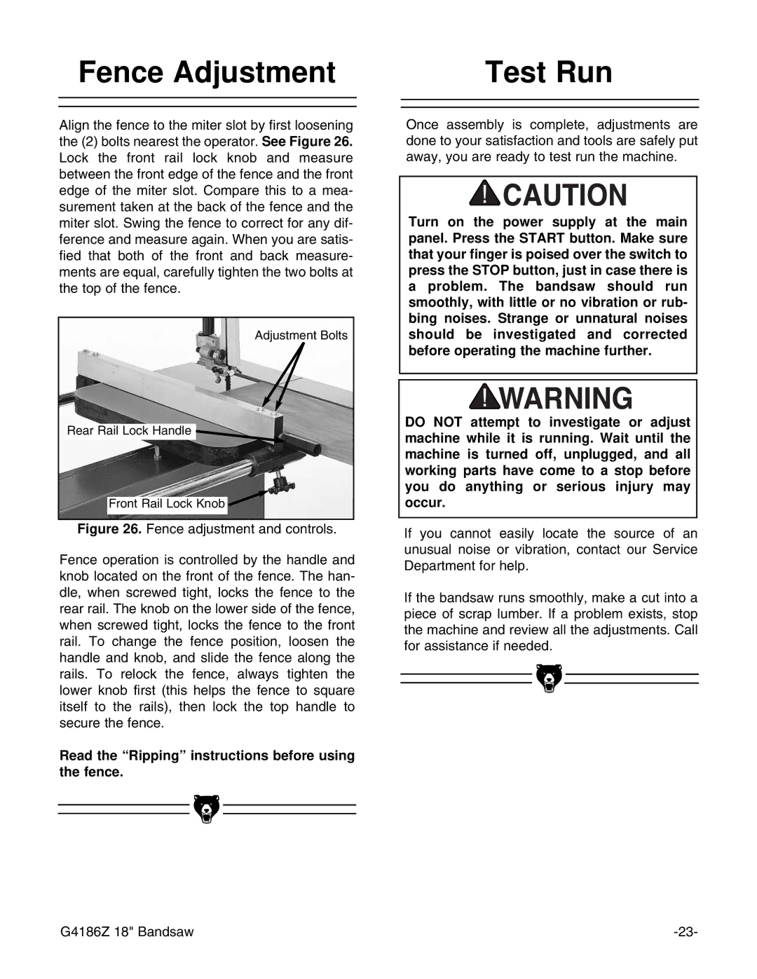 Grizzly G4186Z instruction manual Fence Adjustment Test Run, Read the Ripping instructions before using the fence 