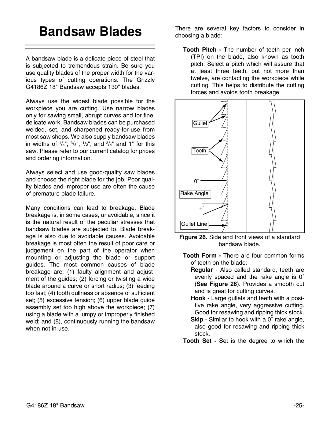 Grizzly G4186Z instruction manual Bandsaw Blades 