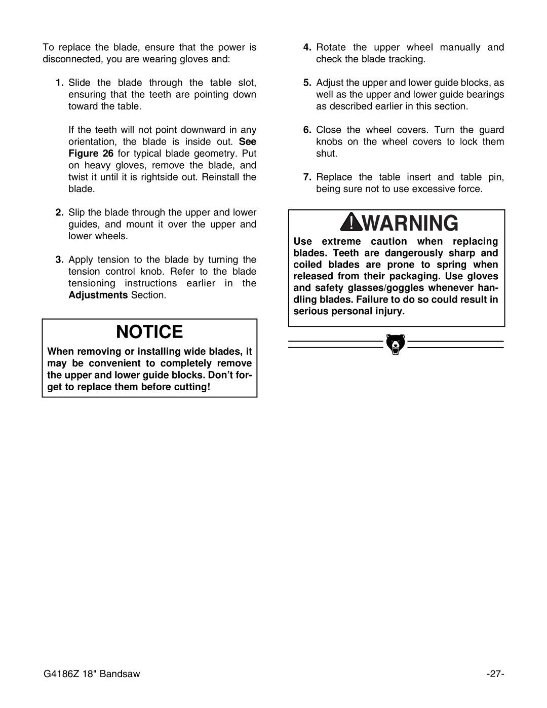 Grizzly instruction manual G4186Z 18 Bandsaw 