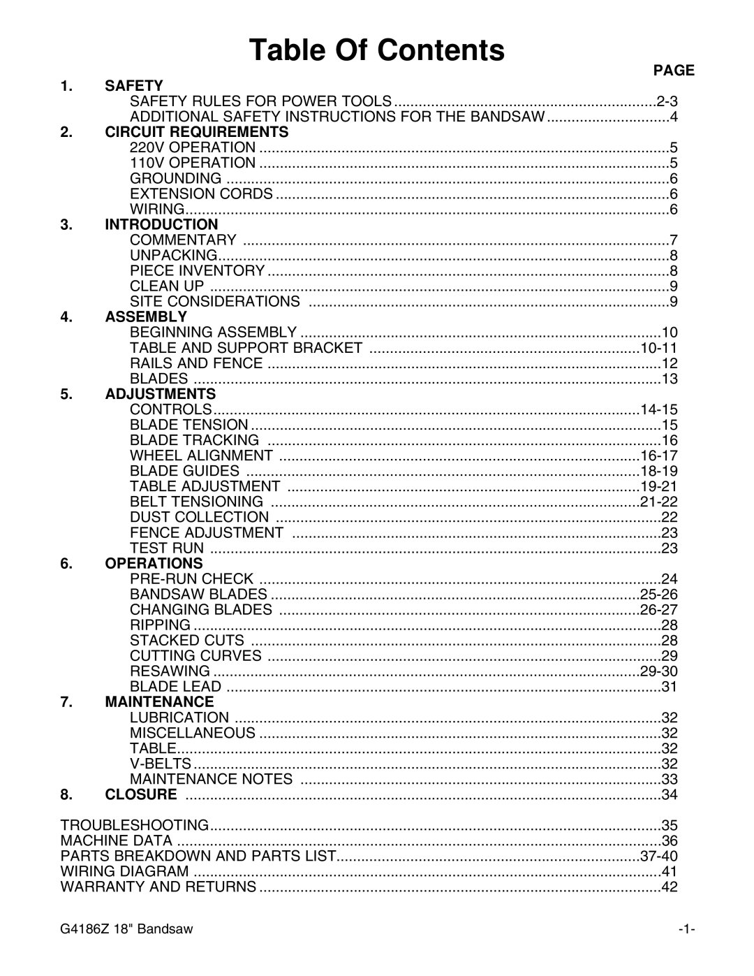 Grizzly G4186Z instruction manual Table Of Contents 