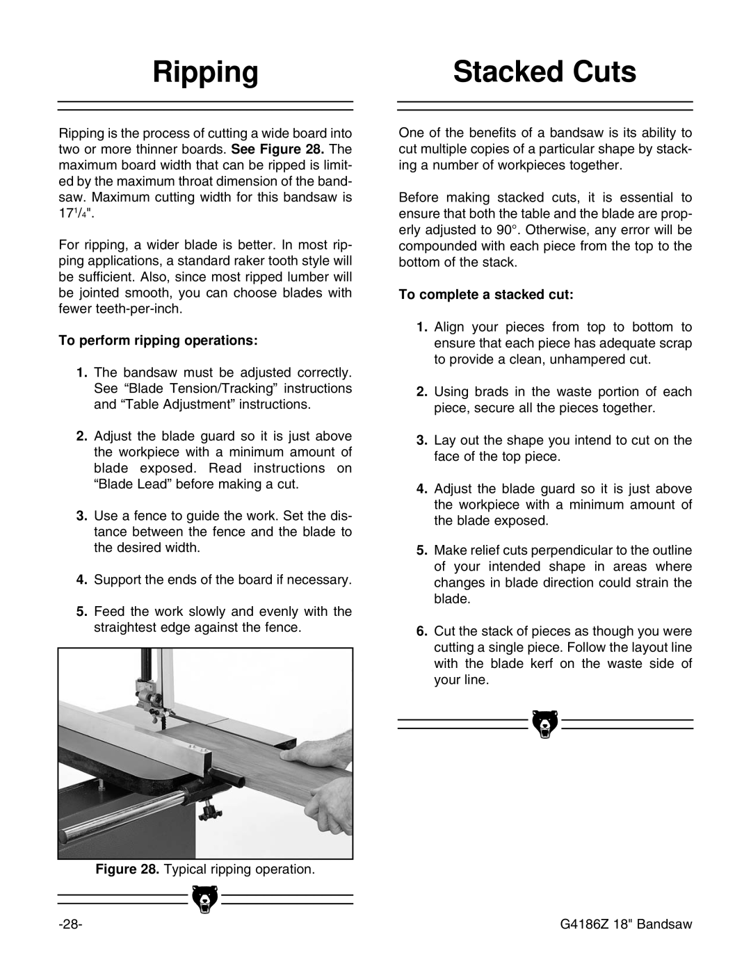 Grizzly G4186Z instruction manual Ripping Stacked Cuts, To perform ripping operations, To complete a stacked cut 