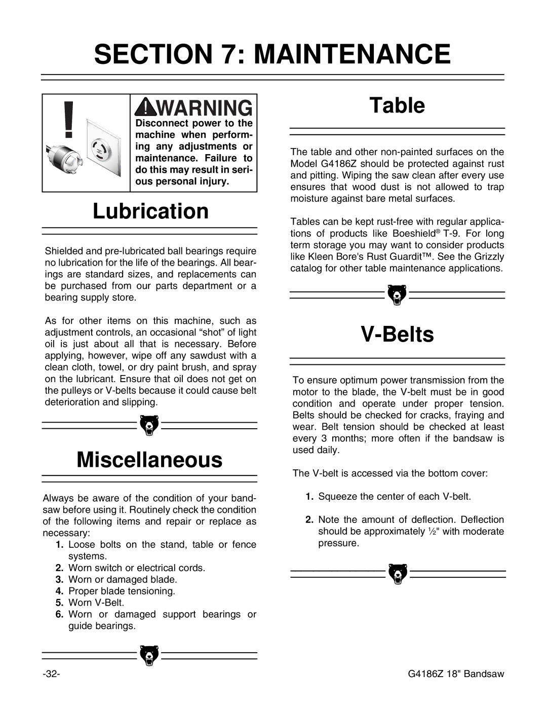 Grizzly G4186Z instruction manual Maintenance, Lubrication, Miscellaneous, Belts 