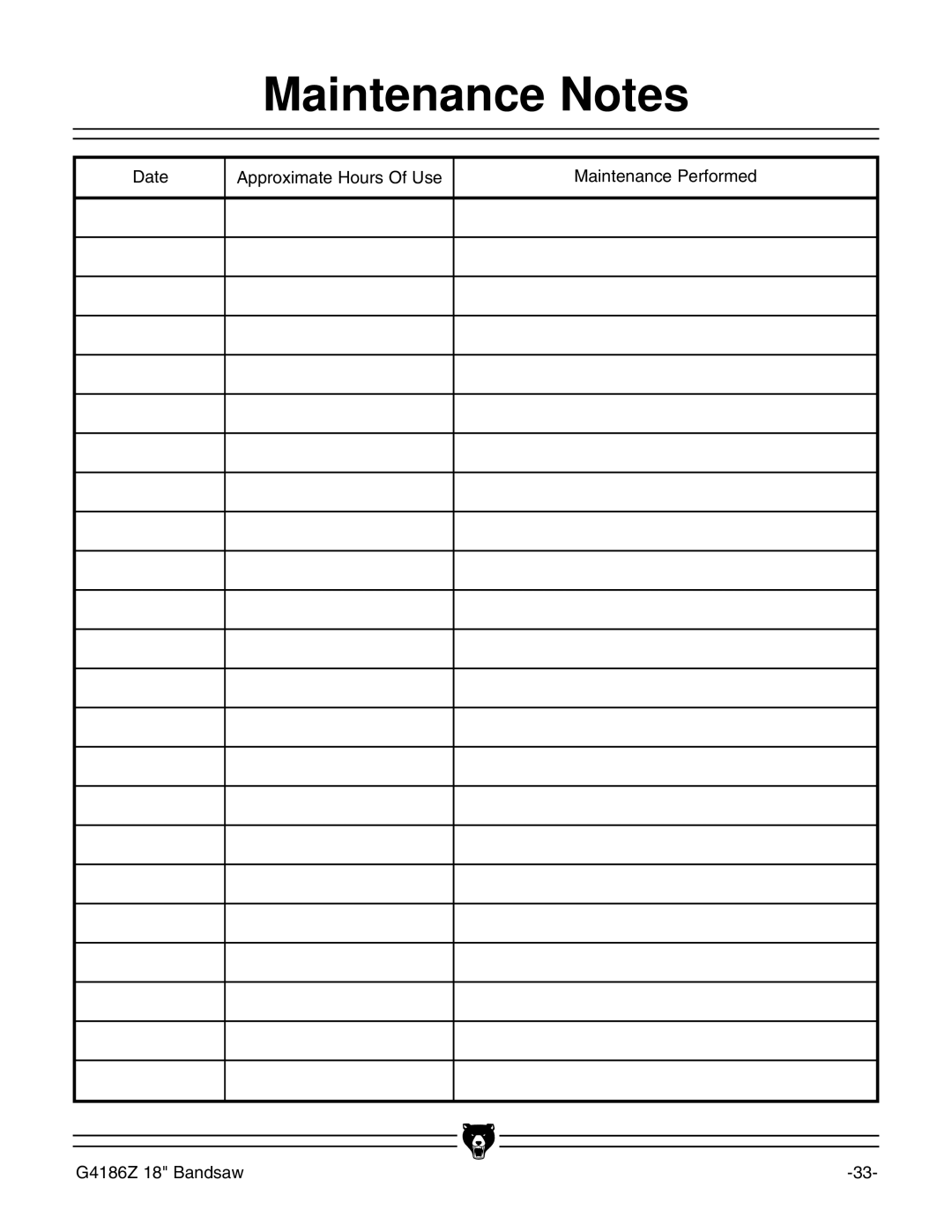 Grizzly G4186Z instruction manual Maintenance Notes 