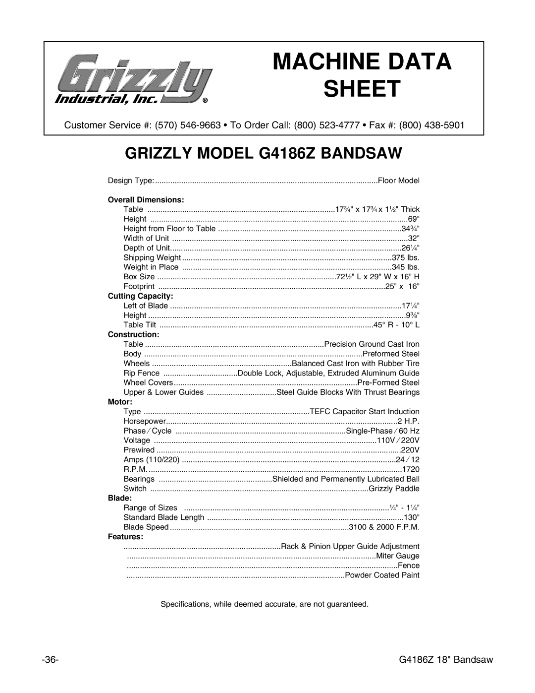 Grizzly G4186Z instruction manual Machine Data 