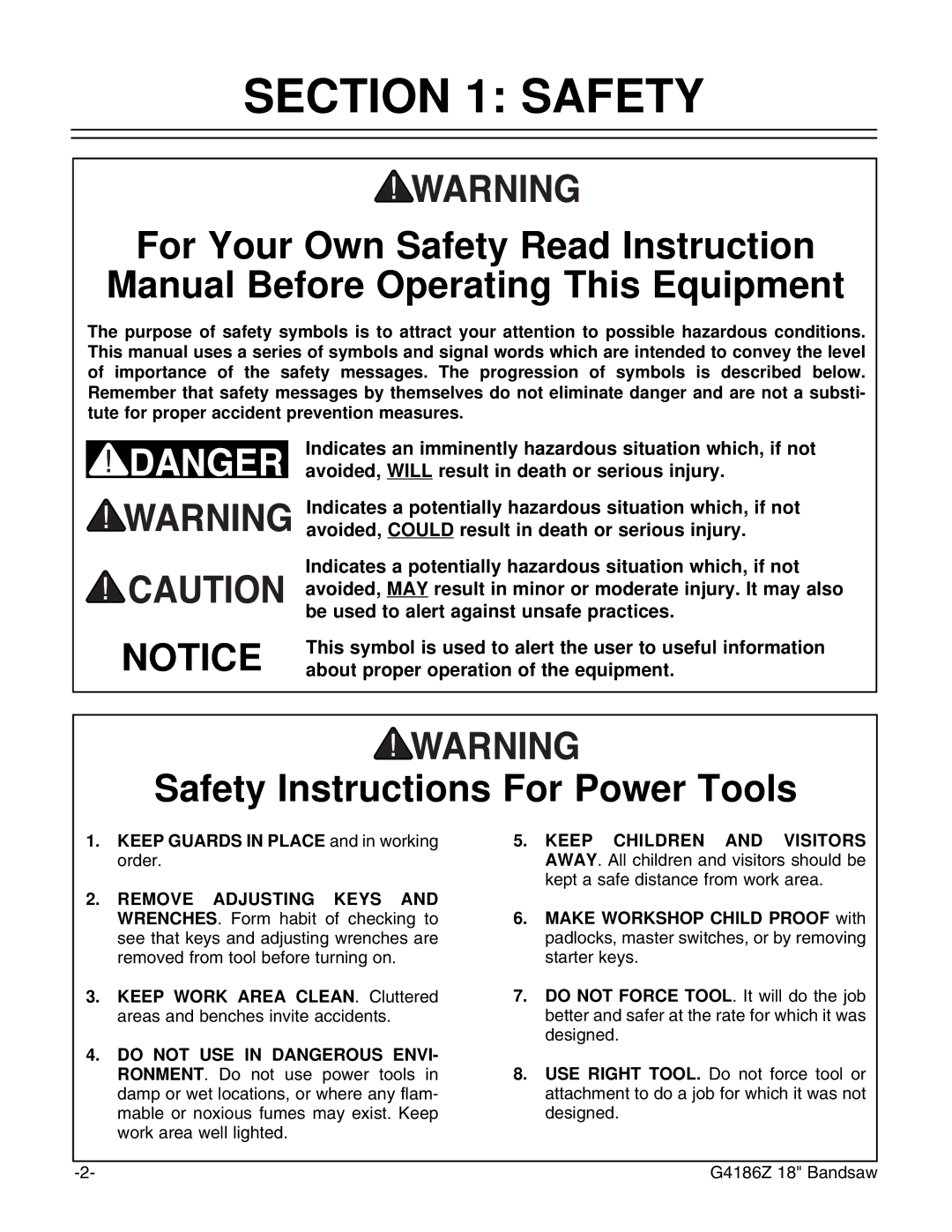 Grizzly G4186Z instruction manual Safety Instructions For Power Tools 