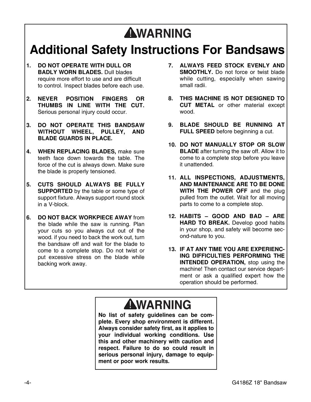 Grizzly G4186Z instruction manual Additional Safety Instructions For Bandsaws 