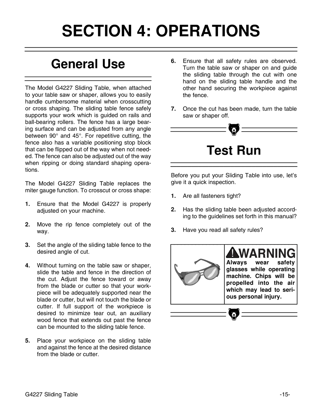 Grizzly G4227 instruction manual Operations, General Use, Test Run 