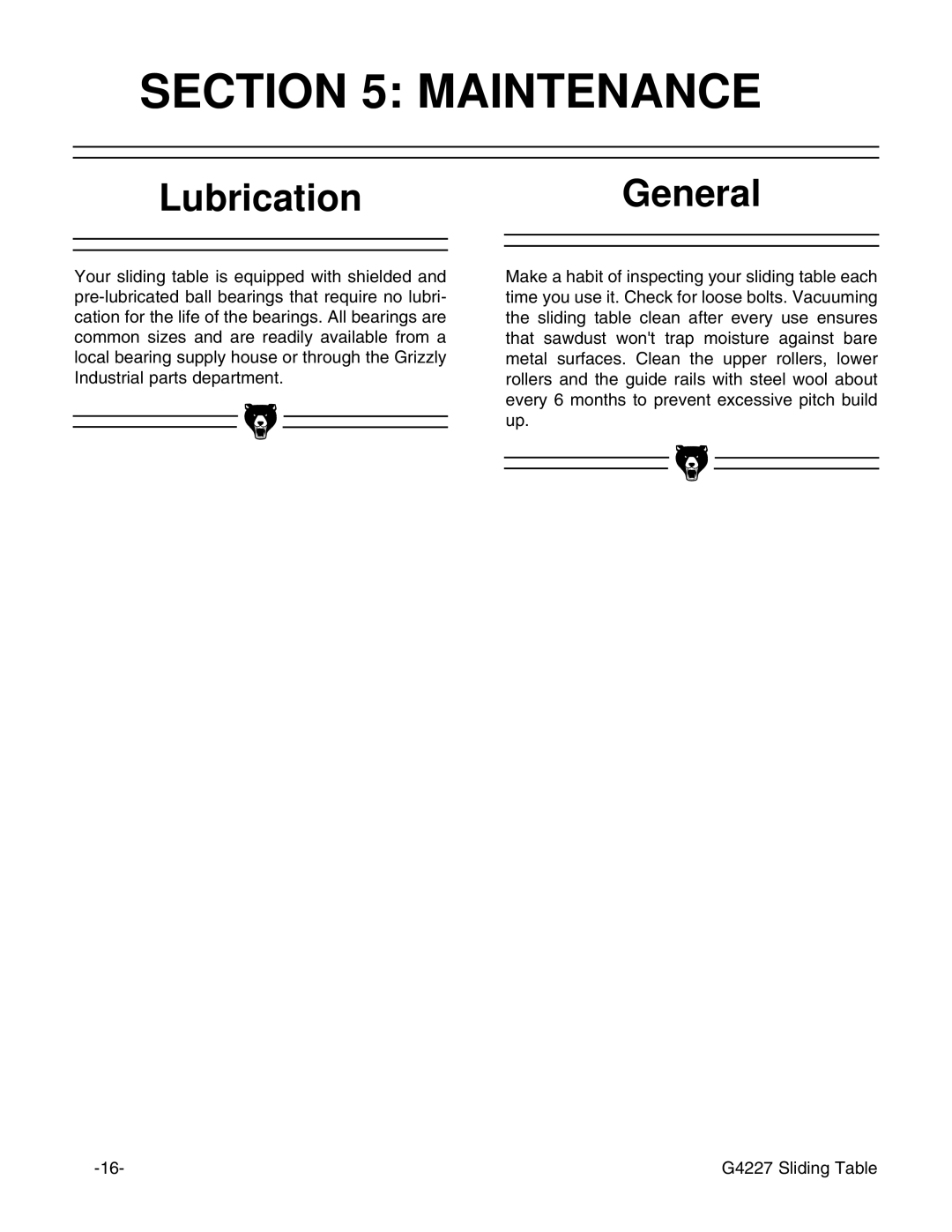 Grizzly G4227 instruction manual Maintenance, LubricationGeneral 