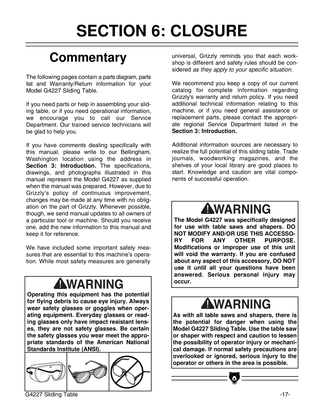 Grizzly G4227 instruction manual Closure, Introduction 