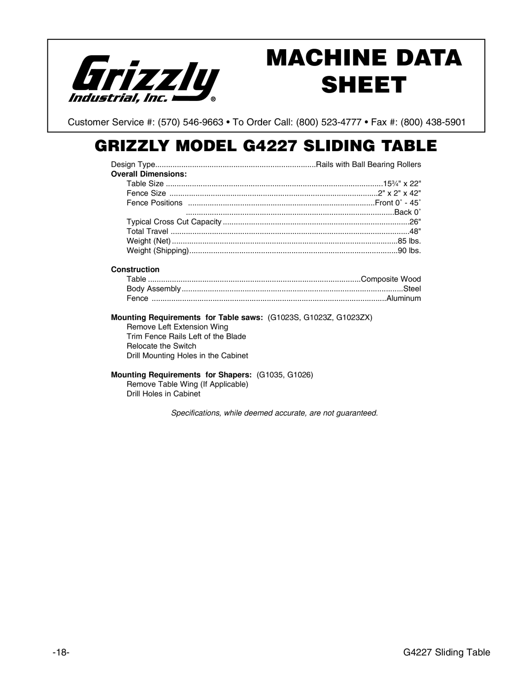 Grizzly G4227 instruction manual Machine Data Sheet 